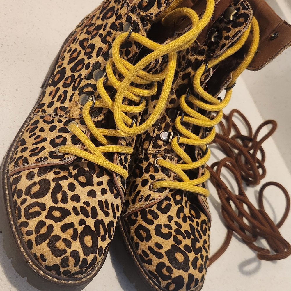 Sam Edelman Leopard Print Boots with Yellow & Brown Laces